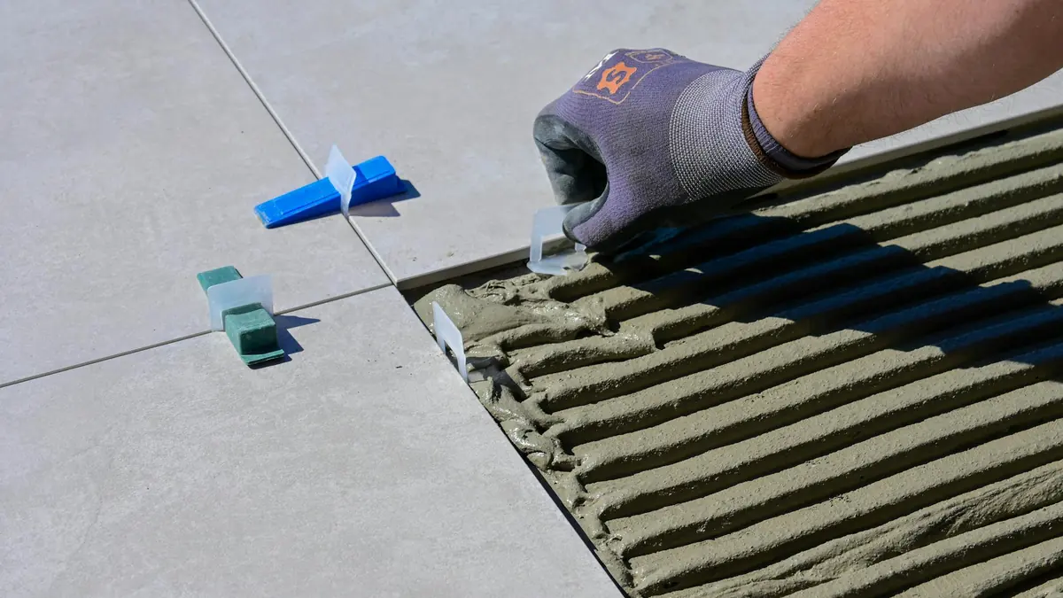 Pose de carrelage au sol avec croisillons et système de nivellement