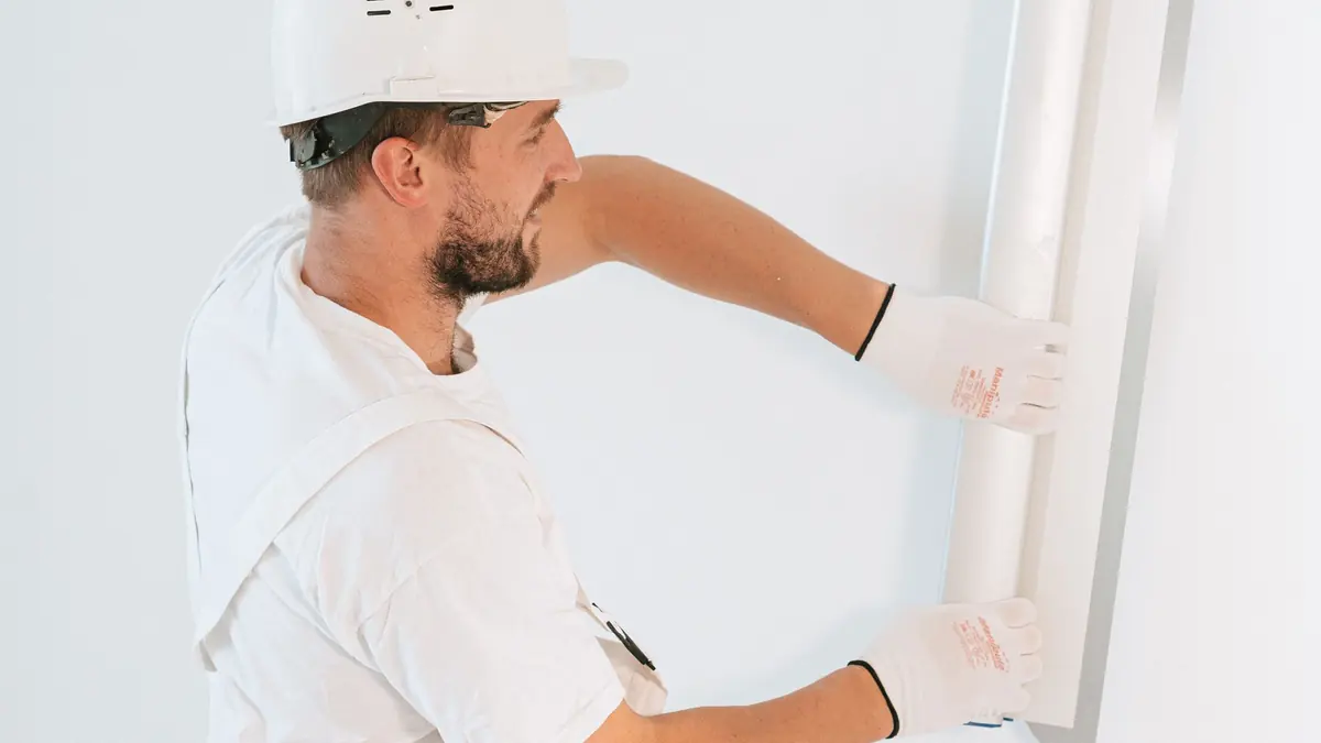 Pose de plaques de plâtre sur une ossature lors d'un chantier d'isolation